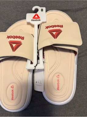 Reebok Beige Slide Sandals with Red Logo